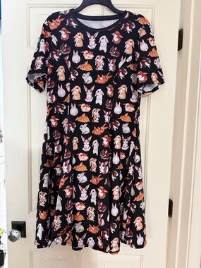 Blackmilk Black Short Sleeve Bunny Print Dress with Orange and White Accents